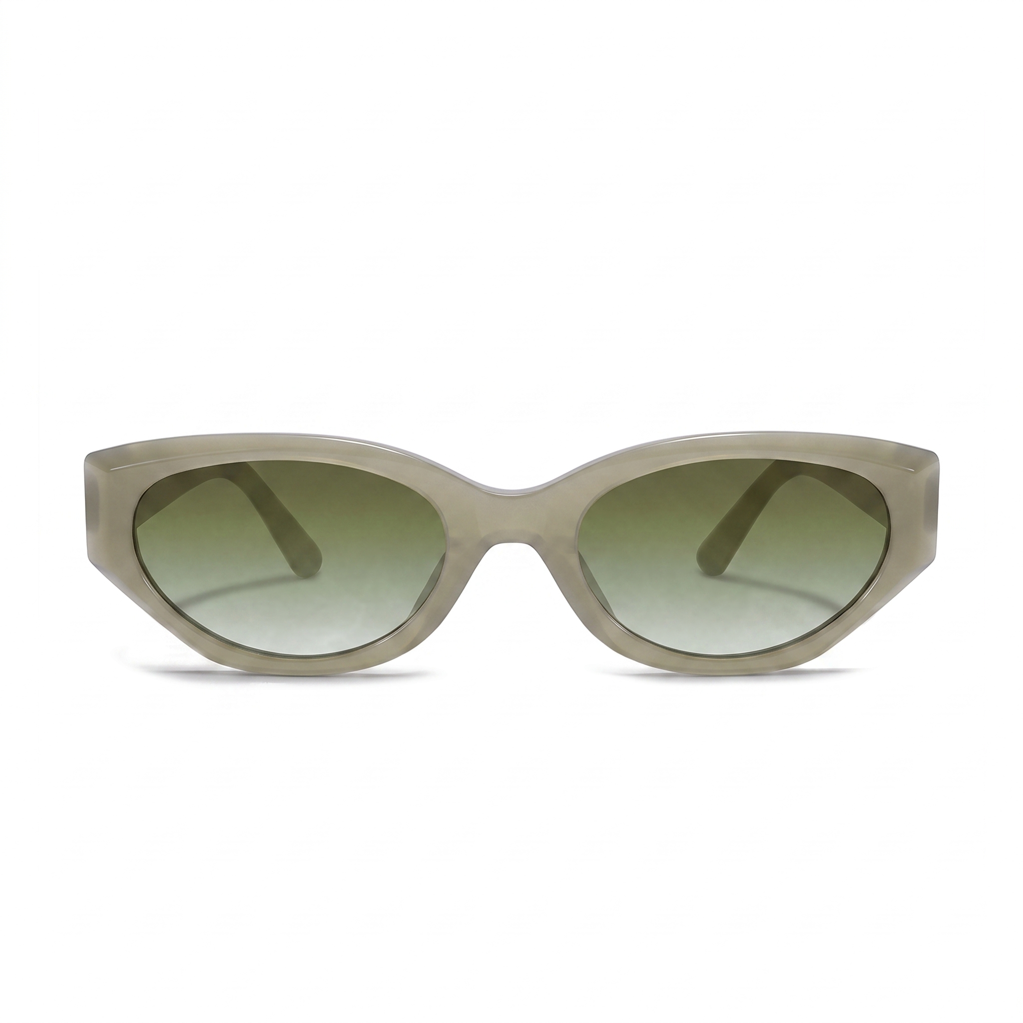 Oversized cat-eye sunglasses with a translucent taupe frame and gradient green lenses, shown against a plain white background.