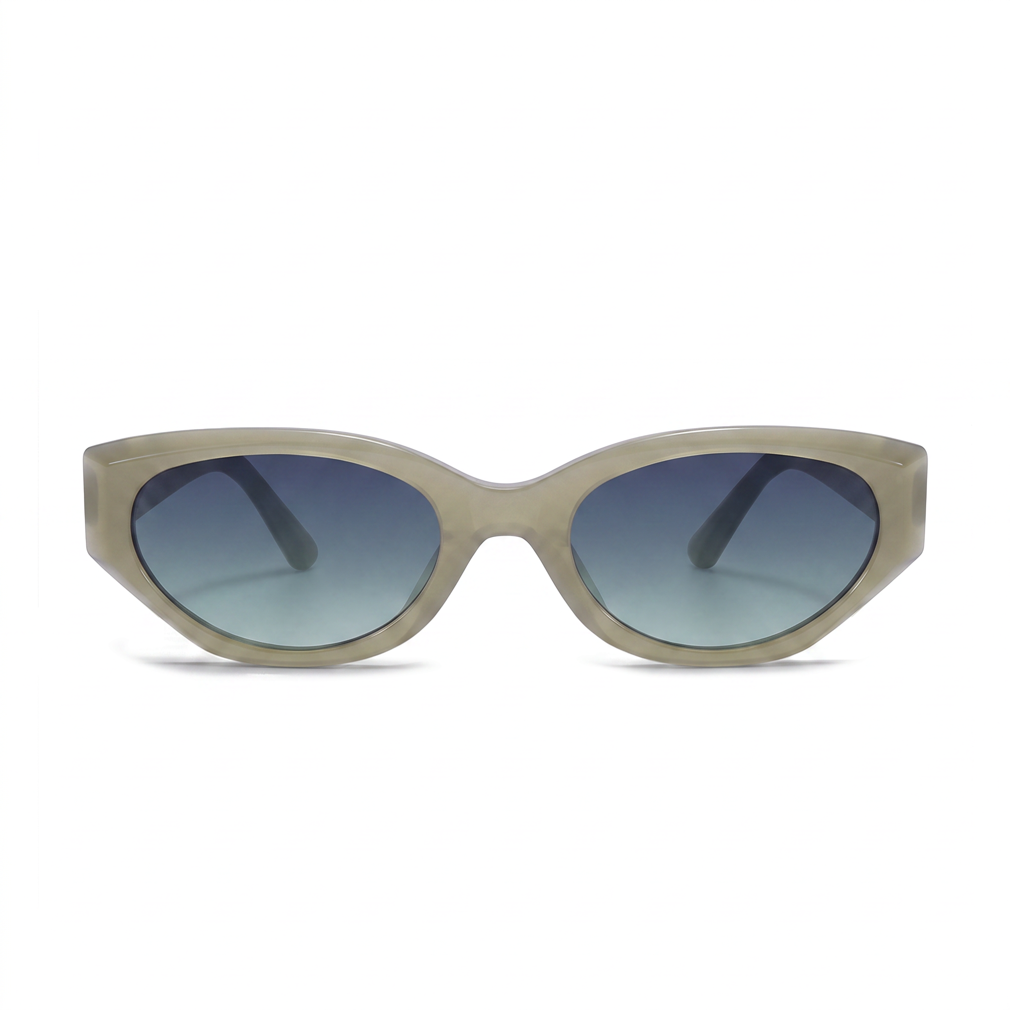 Oversized cat-eye sunglasses with a translucent light beige frame and blue gradient lenses, shown against a plain white background.