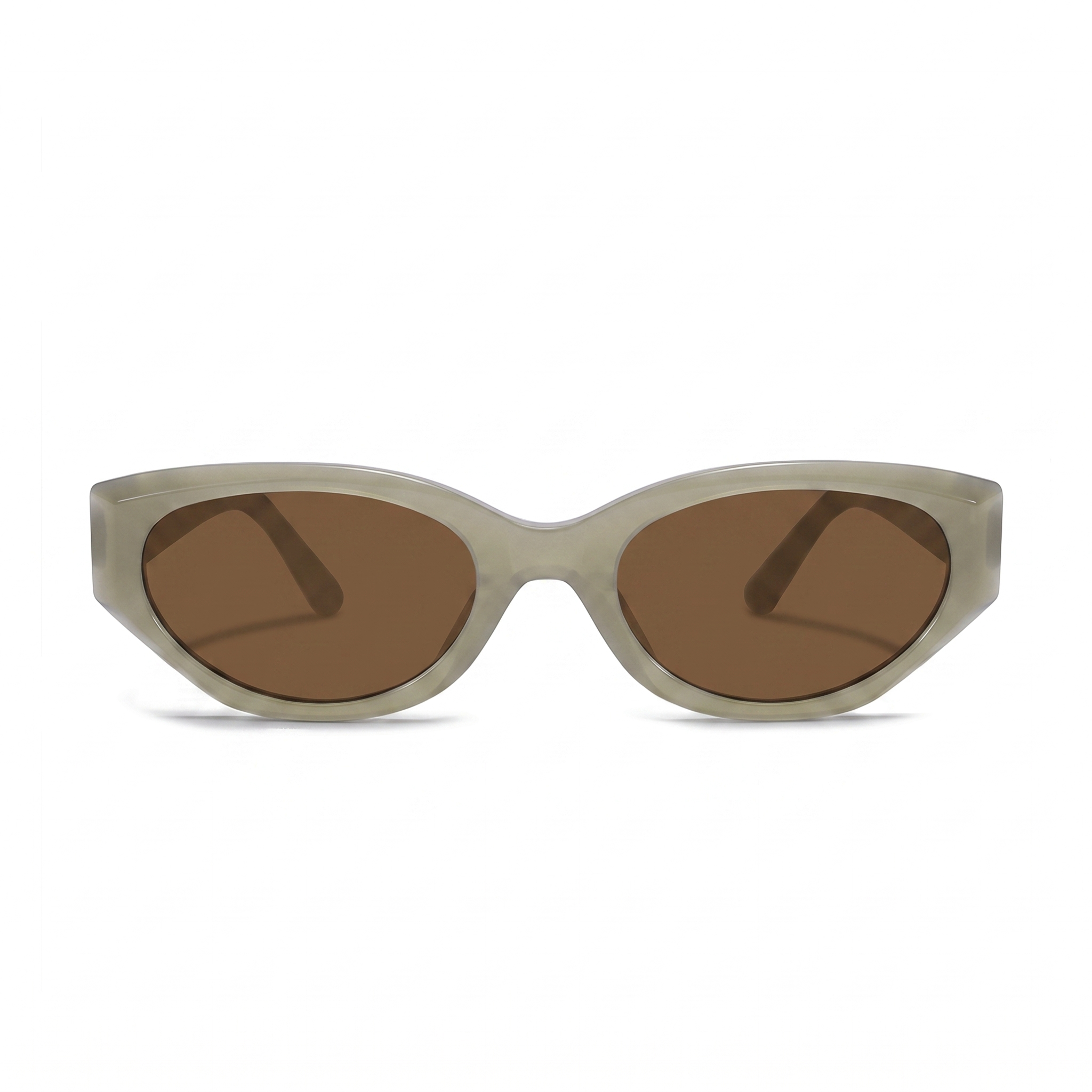 Oversized cat-eye sunglasses with a translucent light gray-green acetate frame and brown tinted lenses, shown against a plain white background.