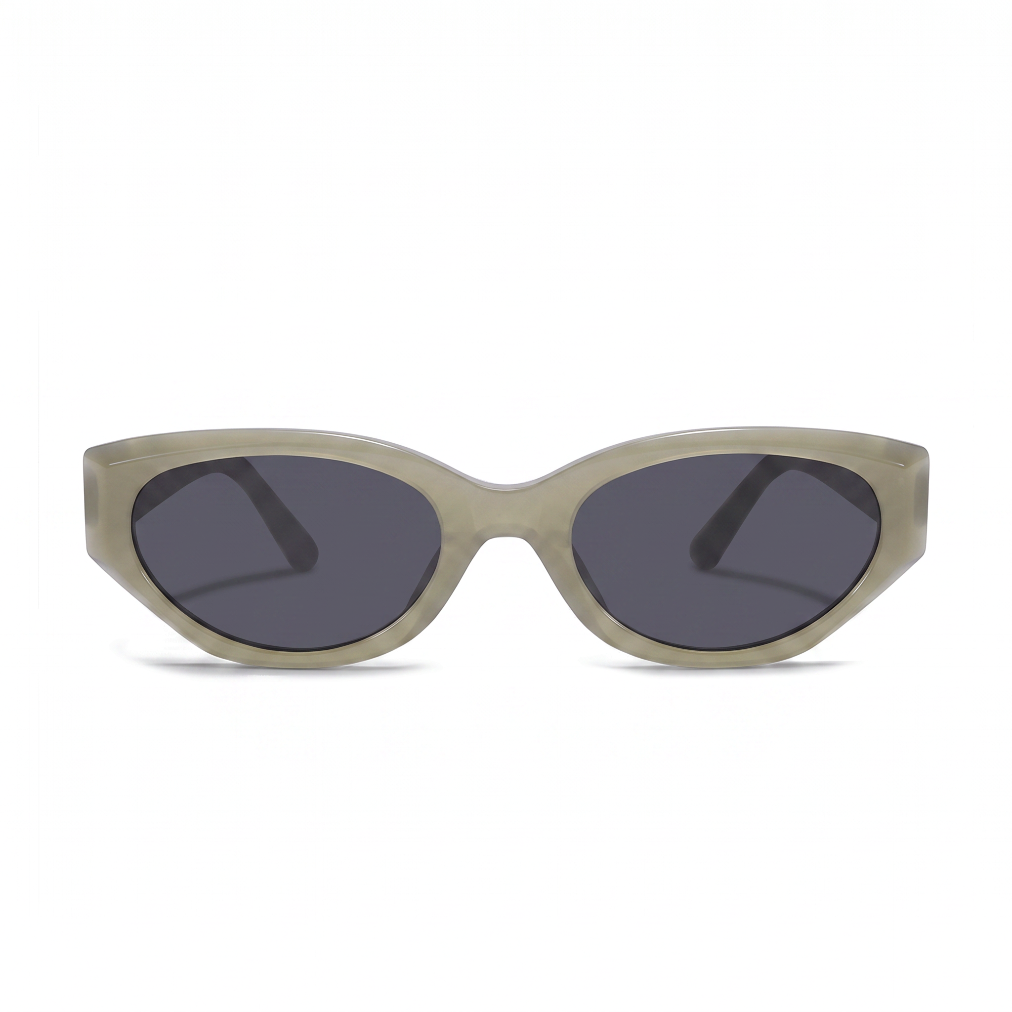 Oval sunglasses with a translucent light olive green acetate frame and dark gray lenses, shown from a front-facing perspective on a white background.