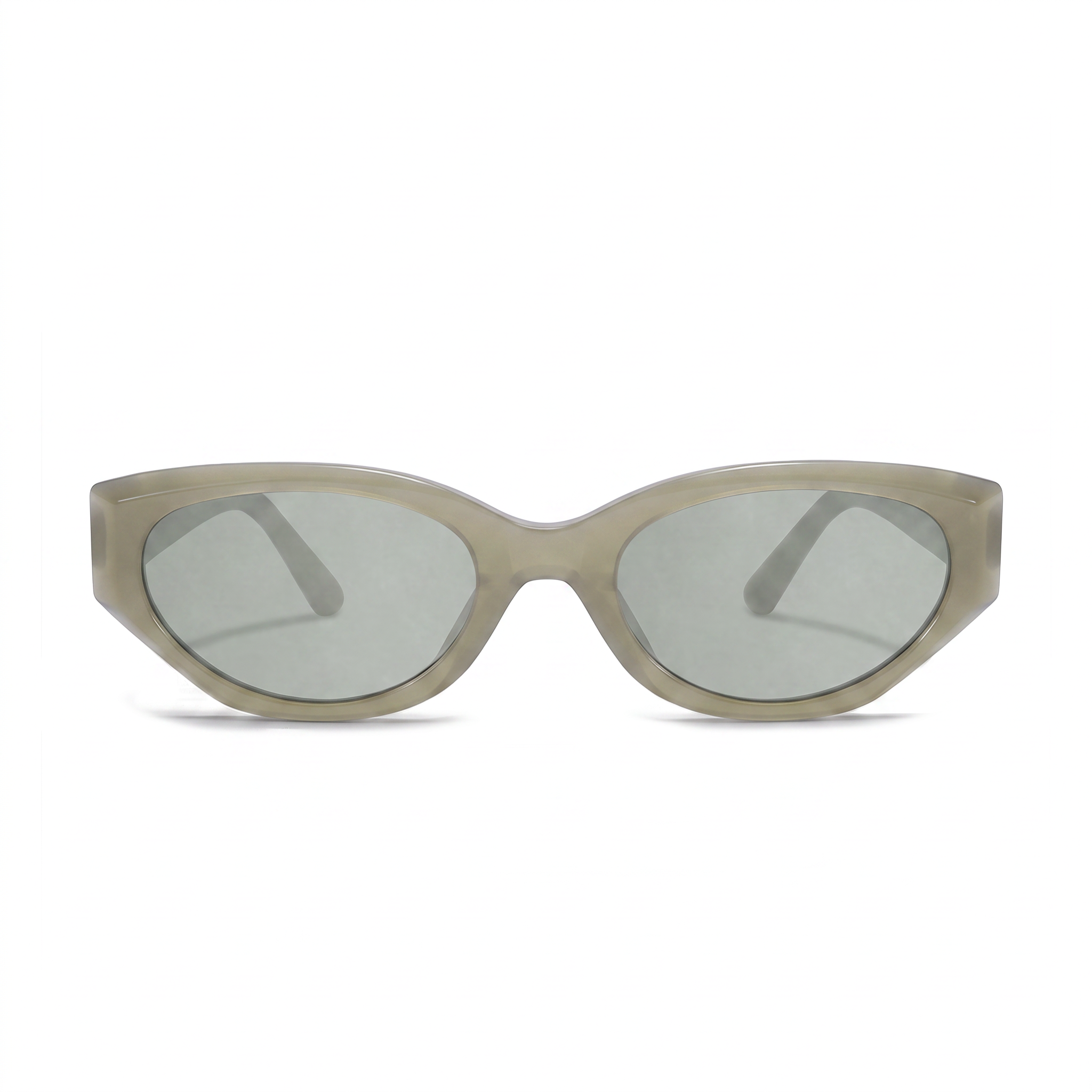 Oversized cat-eye sunglasses with a translucent taupe frame and light gray lenses, shown from the front on a white background.