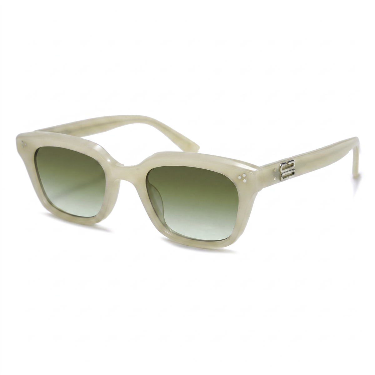 A pair of cat-eye sunglasses with a translucent cream-colored acetate frame and gradient green lenses, shown on a plain white background.