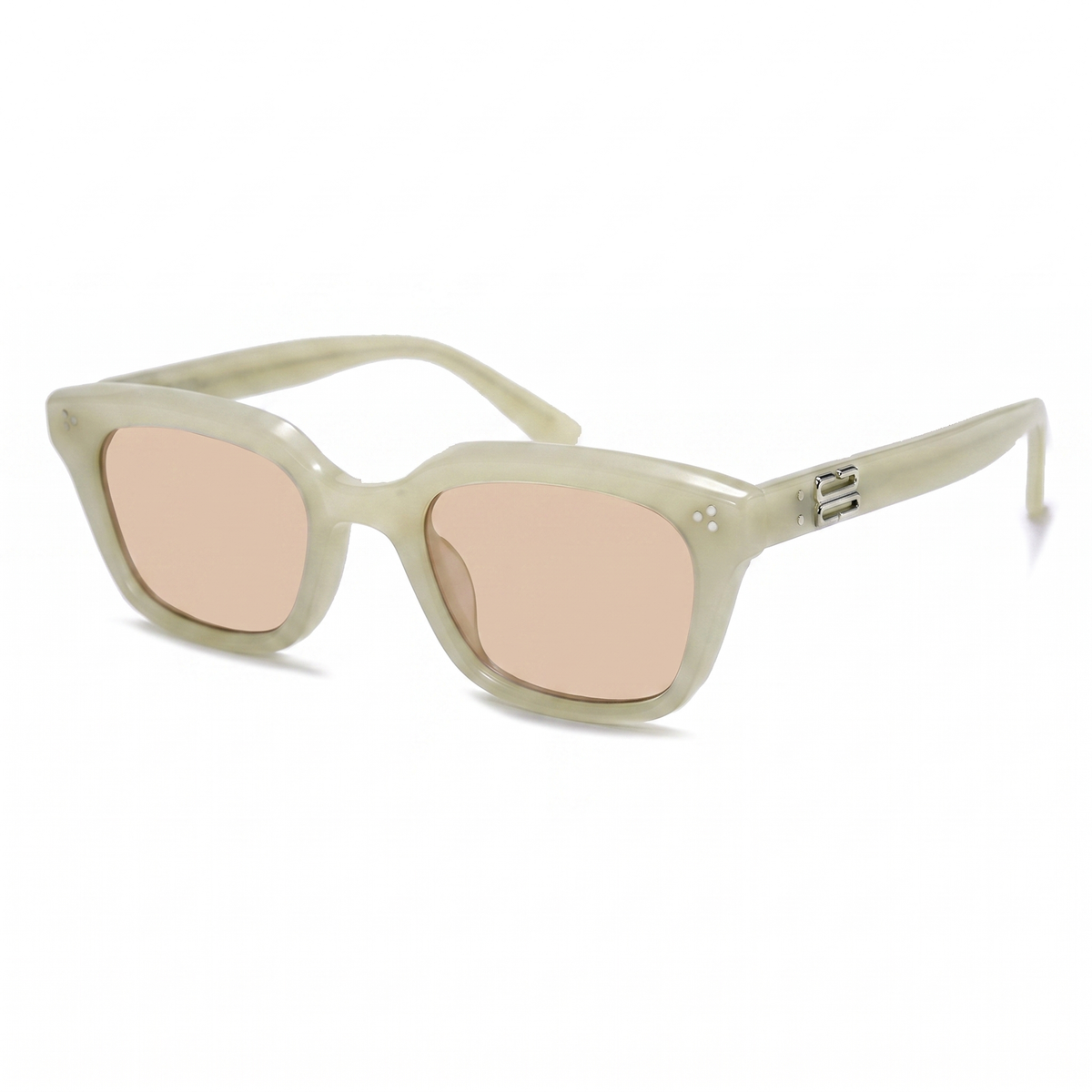 Cat-eye sunglasses with a translucent cream-colored acetate frame and light pink lenses, shown on a clean white background.