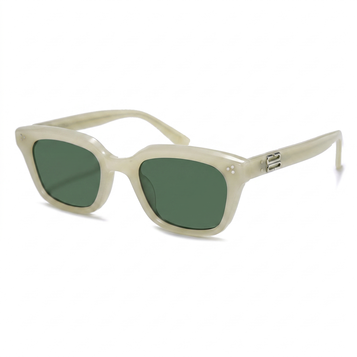 A pair of sunglasses with a translucent cream-colored acetate frame and dark green lenses, shown on a clean white background.