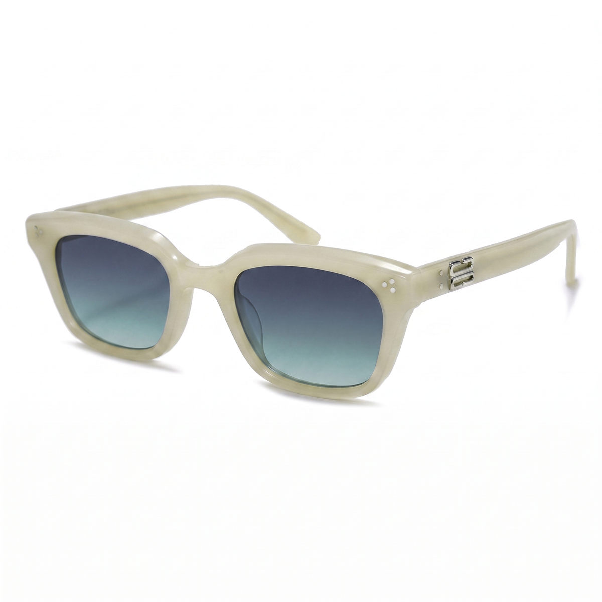 A pair of square-frame sunglasses with translucent cream-colored frames and blue gradient lenses, shown on a plain white background.