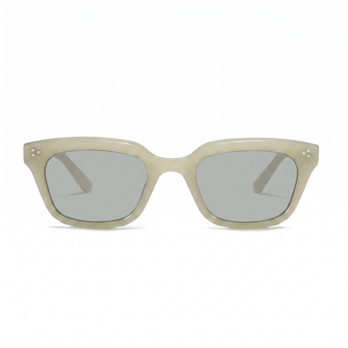 A pair of square sunglasses with a translucent light beige acetate frame and light gray lenses, shown against a plain white background.