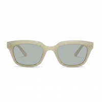 A pair of square sunglasses with a translucent light beige acetate frame and light gray lenses, shown against a plain white background.