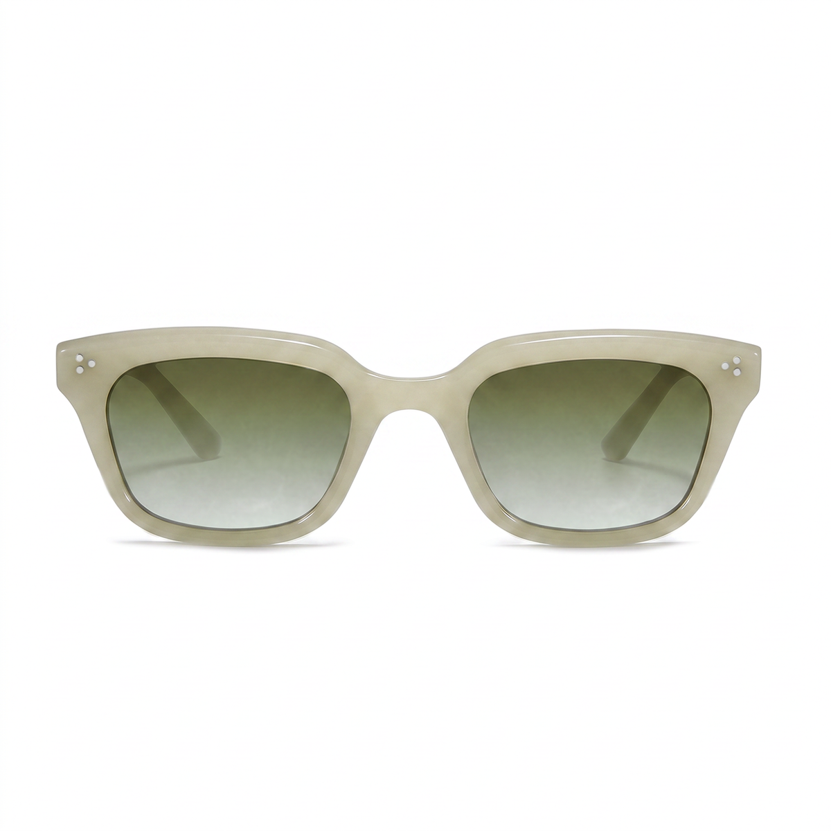 A pair of chunky square sunglasses with a translucent light beige acetate frame and gradient green-tinted lenses, shown against a plain white background.