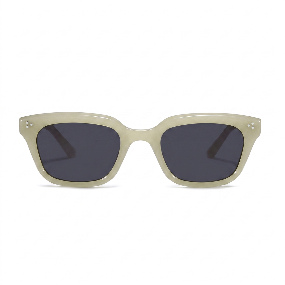 A pair of square sunglasses with a thick, matte light beige frame and dark gray lenses, shown against a plain white background.
