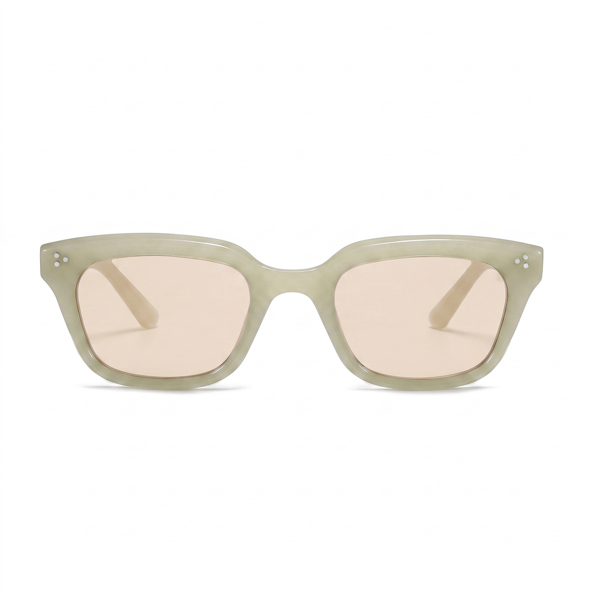Oversized square sunglasses with a translucent sage green acetate frame and light pink-tinted lenses, shown against a plain white background.