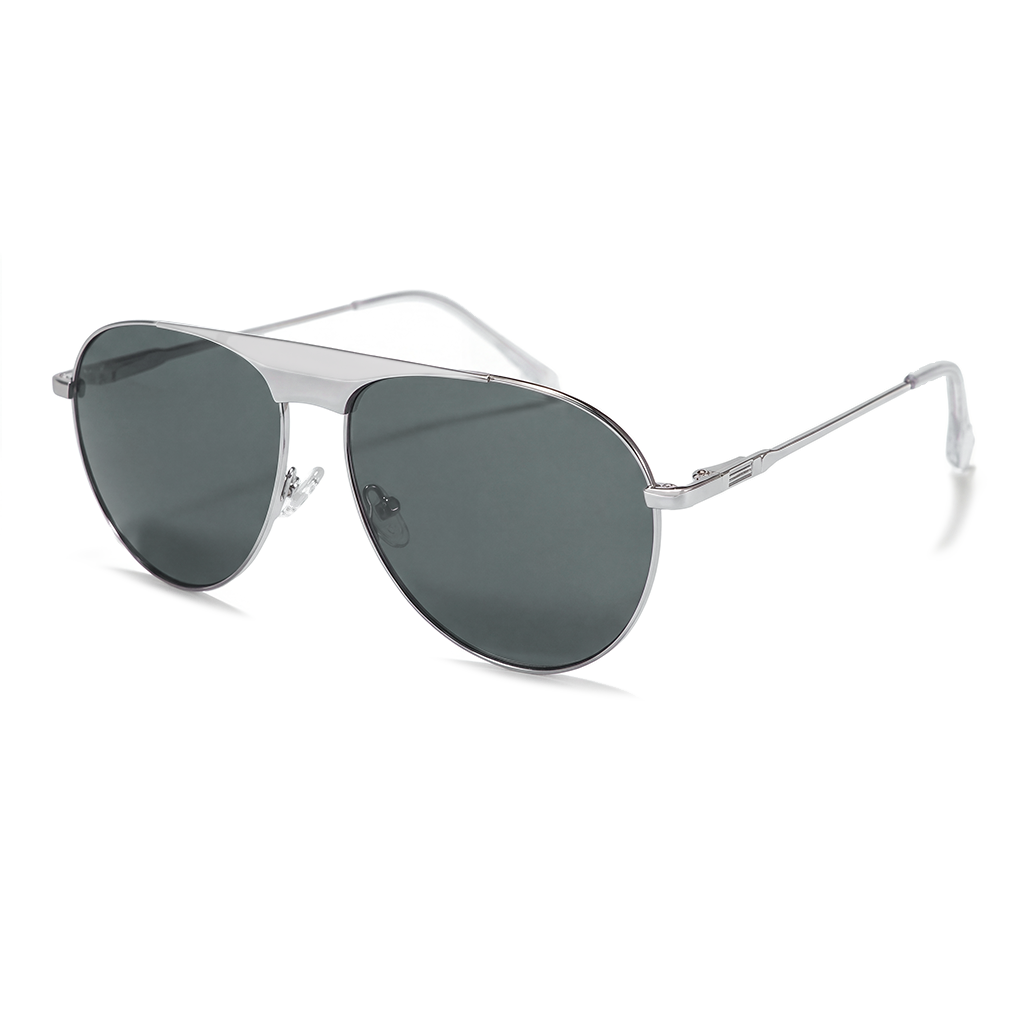Sunglasses with gold frame and gradient lenses on a white background