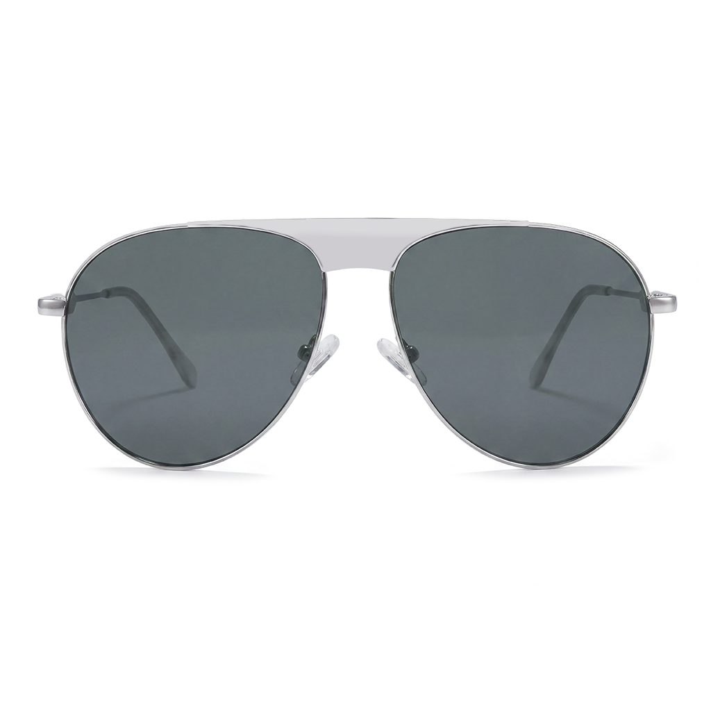 A pair of aviator-style sunglasses with a silver metal frame and dark gray lenses, shown from a front-facing perspective on a clean white background.