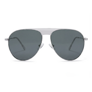 A pair of aviator-style sunglasses with a silver metal frame and dark gray lenses, shown from a front-facing perspective on a clean white background.