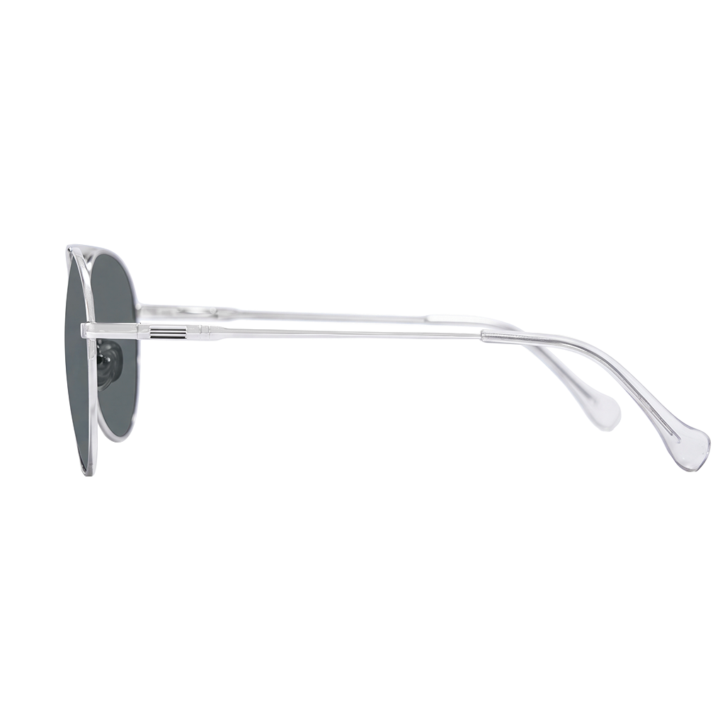Oval sunglasses with a silver metal frame and dark gray lenses, shown in a side profile view against a plain white background.
