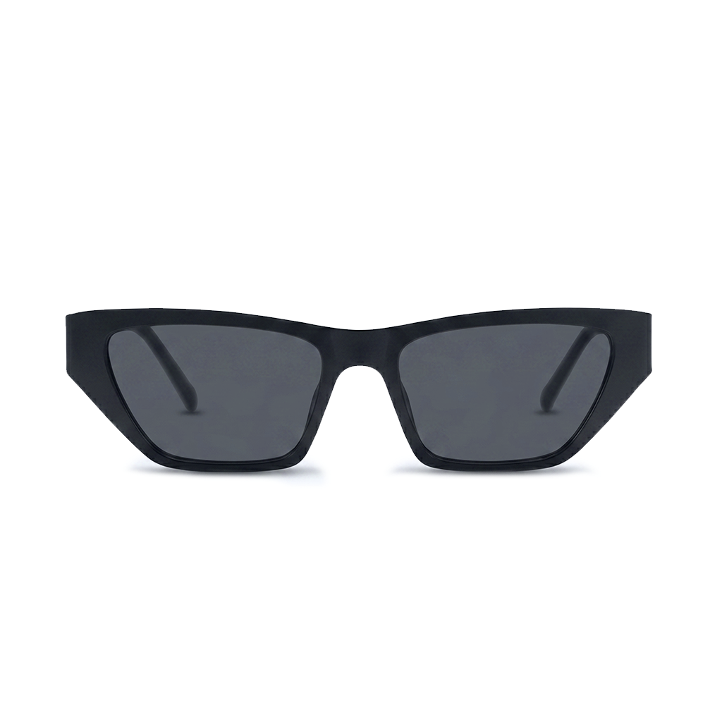 Black angular sunglasses with dark gray lenses, shown from a front-facing perspective on a solid white background.