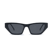 Black angular sunglasses with dark gray lenses, shown from a front-facing perspective on a solid white background.