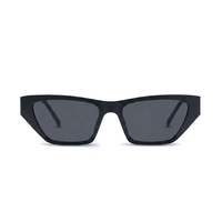 Black angular sunglasses with dark gray lenses, shown from a front-facing perspective on a solid white background.