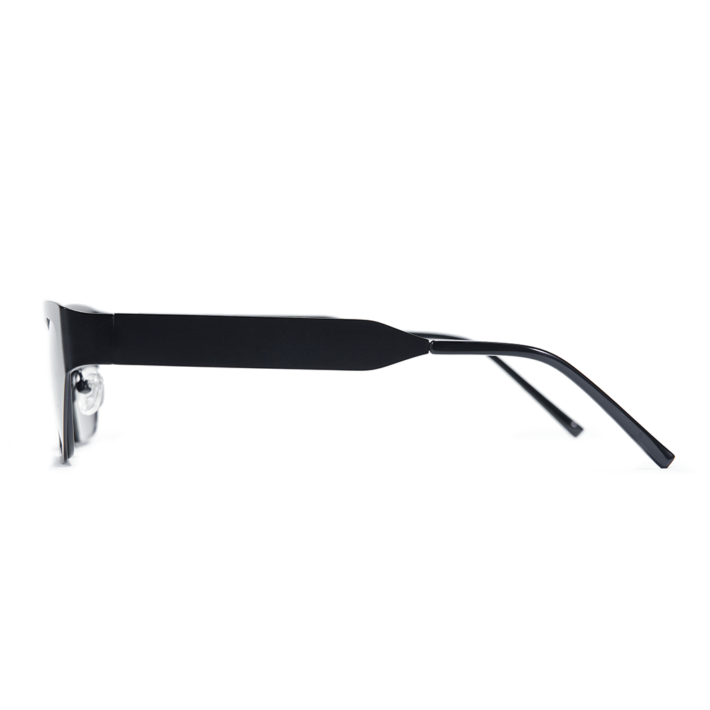 A pair of black square sunglasses shown in a side profile view against a solid white background.