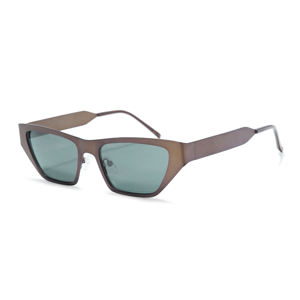 A pair of angular sunglasses with a translucent brown frame and muted green lenses, shown from a three-quarters angle on a white background.