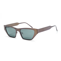A pair of angular sunglasses with a translucent brown frame and muted green lenses, shown from a three-quarters angle on a white background.