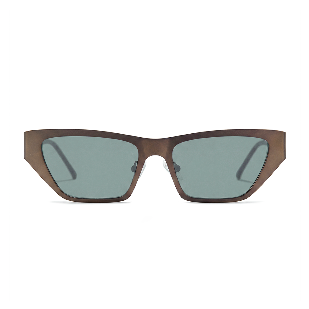 A pair of angular cat-eye sunglasses with a translucent dark brown acetate frame and muted green-gray lenses, shown against a plain white background.