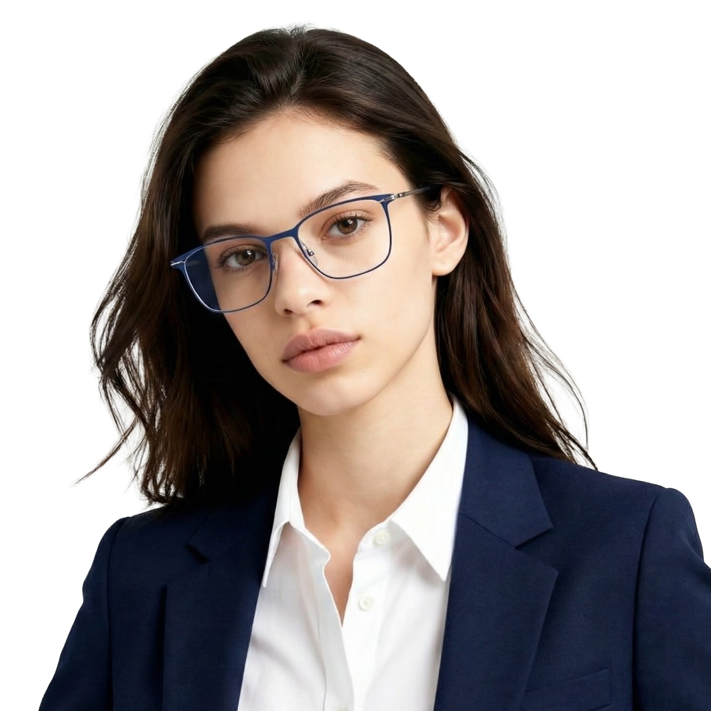 Woman wearing glasses and a dark blazer on a white background