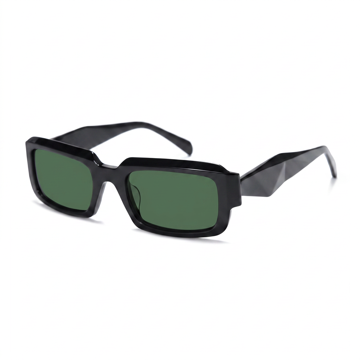 Rectangular sunglasses with a glossy black frame and green-tinted lenses, shown at an angle on a plain white background.