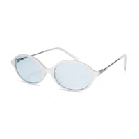 Oval sunglasses with a translucent white frame and light blue lenses, featuring thin silver metal temples, shown on a plain white background.
