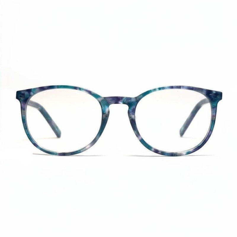 Blue and purple tortoiseshell eyeglasses on a white background
