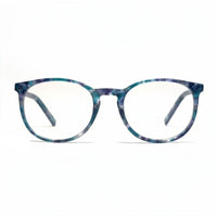 Blue and purple tortoiseshell eyeglasses on a white background