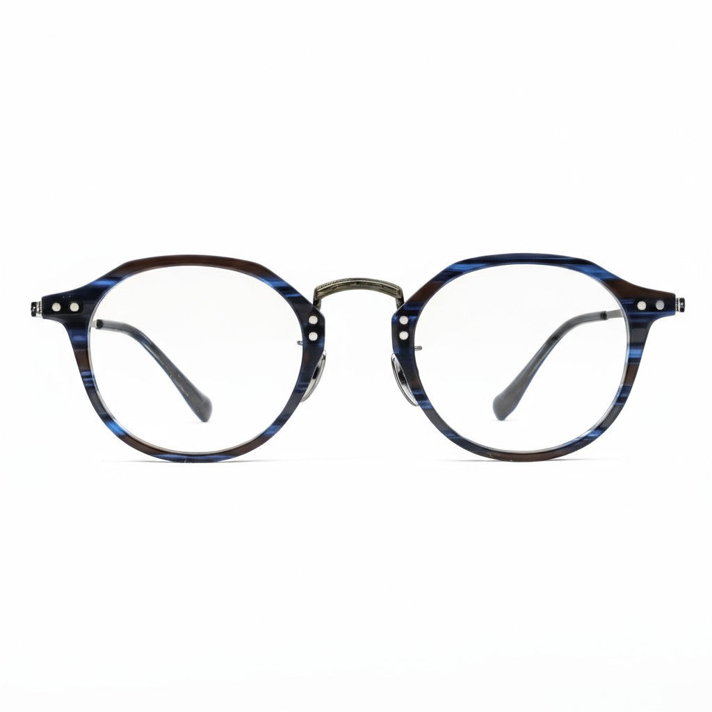 Round eyeglasses with a blue and black pattern on a white background