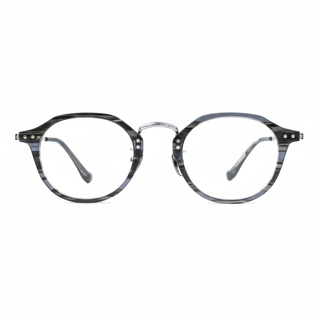 Round eyeglasses with a black and silver frame on a white background