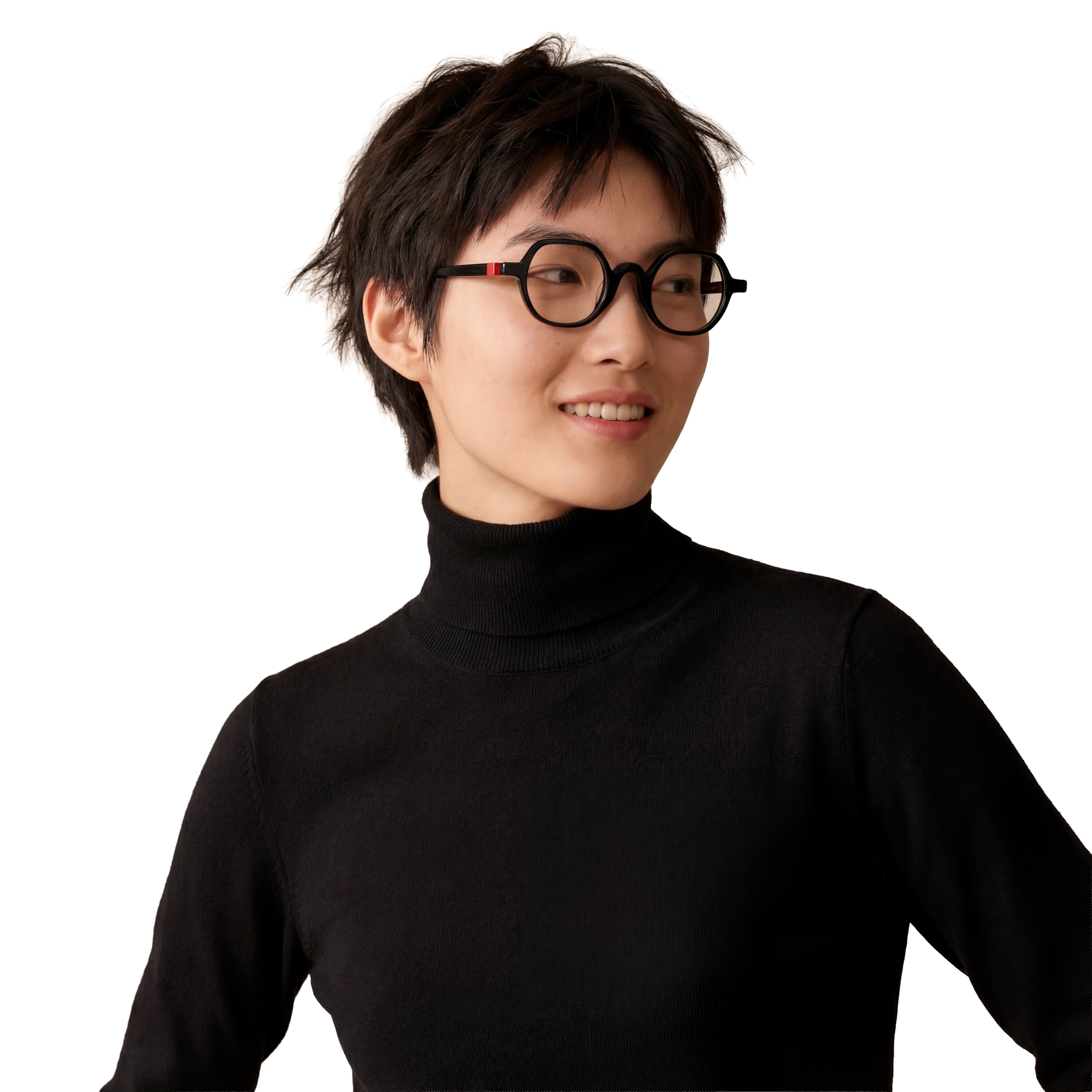 Person wearing a black turtleneck and glasses on a white background