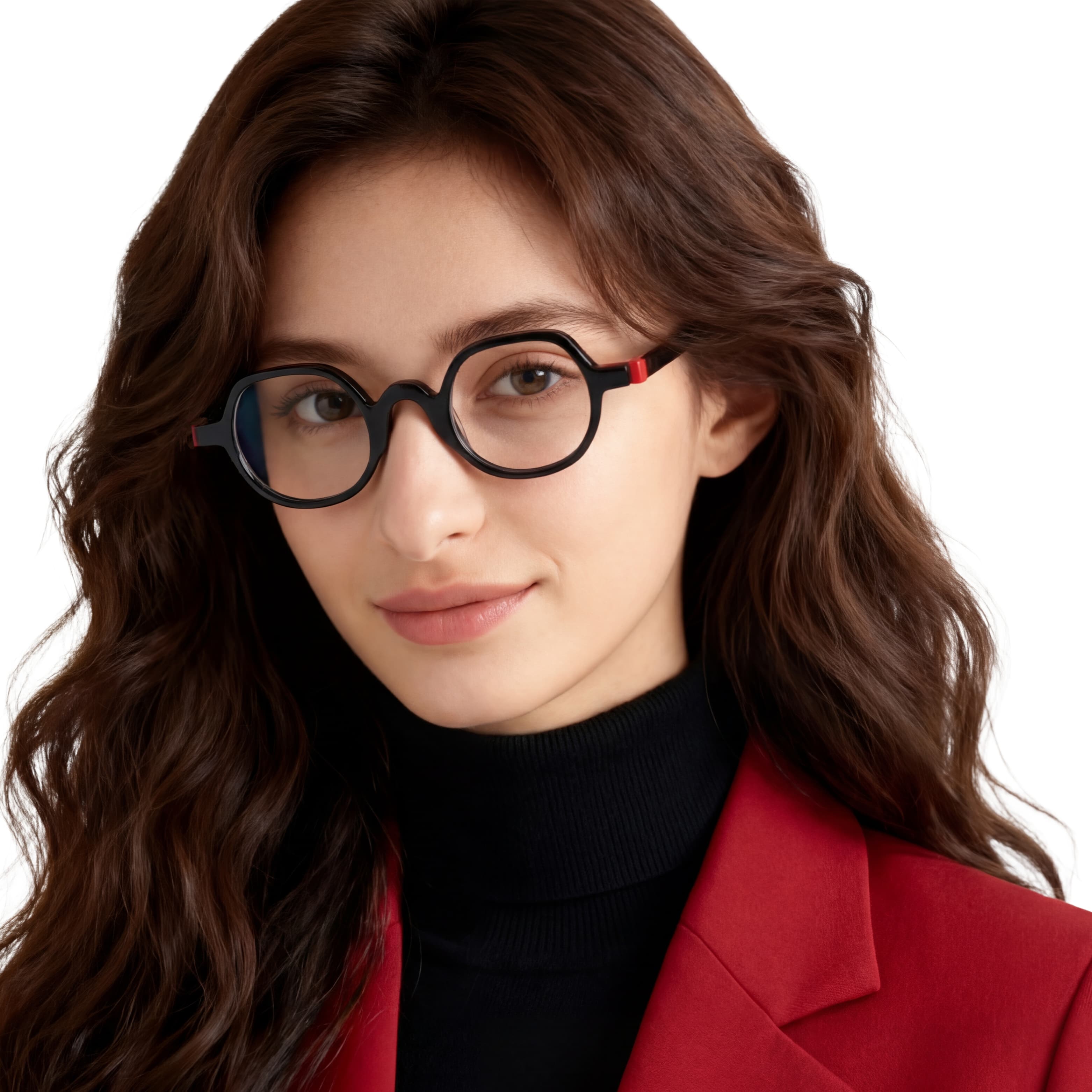 Woman wearing round black glasses with a red frame on a white background