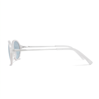Silver sunglasses with reflective lenses on a white background