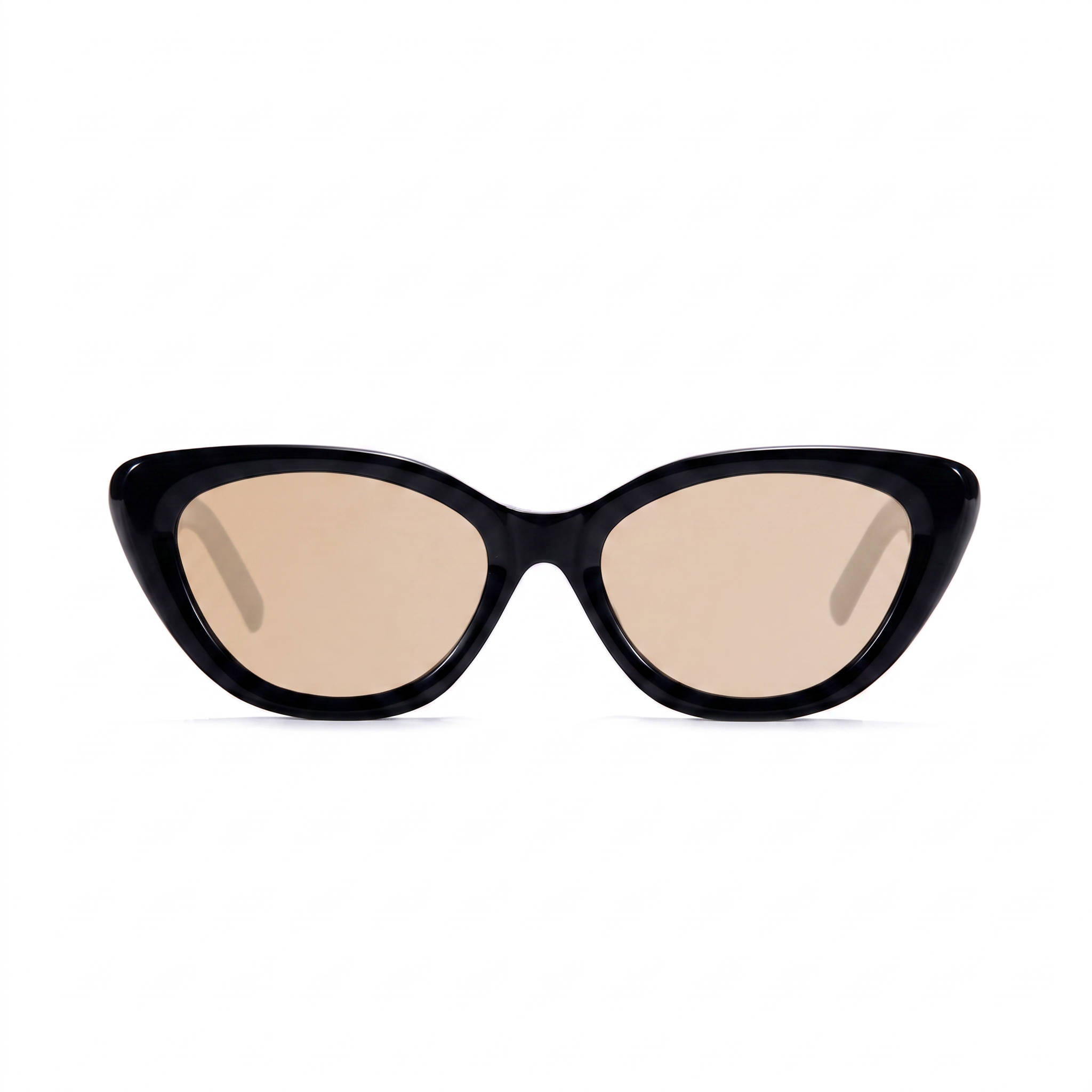 Black cat-eye sunglasses with light brown tinted lenses, shown against a plain white background.