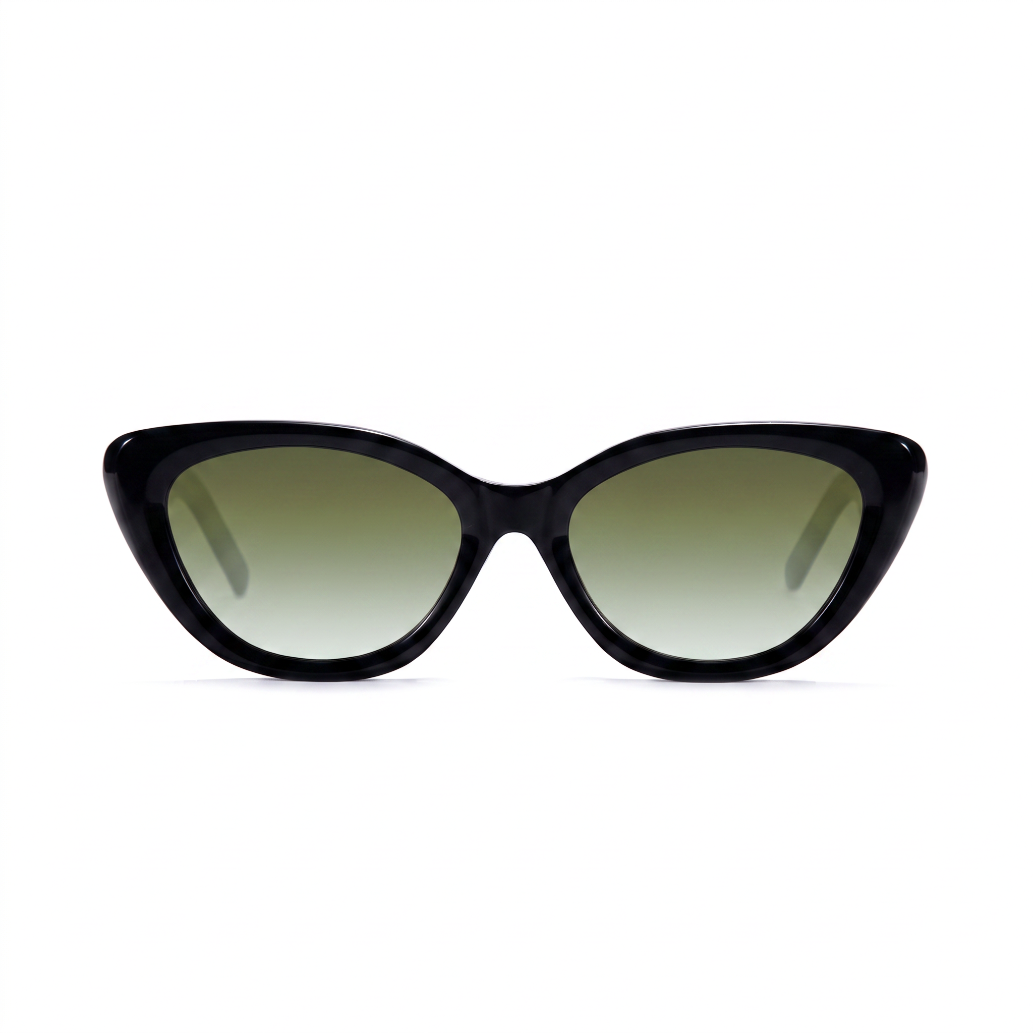 Black cat-eye sunglasses with gradient green lenses, shown from the front on a white background.