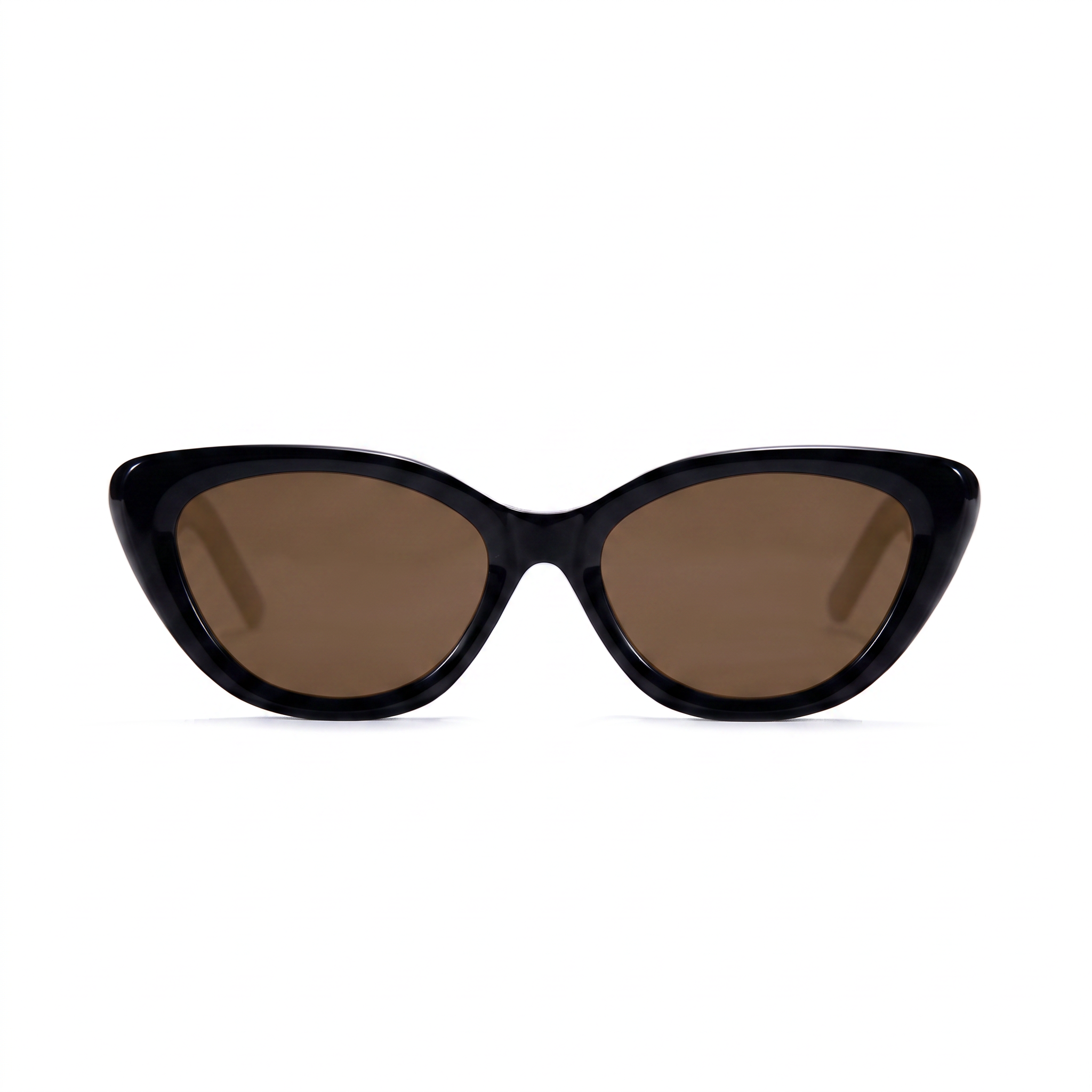 Black cat-eye sunglasses with brown tinted lenses, shown from a front-facing perspective on a solid white background.