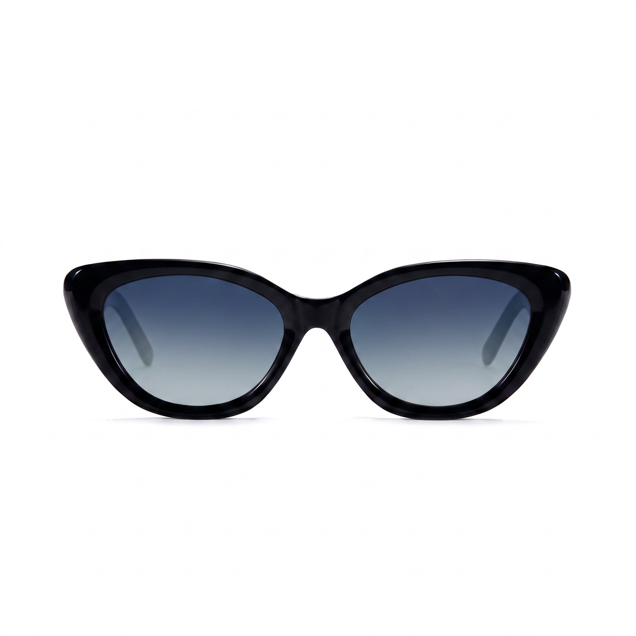 Black cat-eye sunglasses with a gradient blue-to-gray lens, shown from the front on a white background.