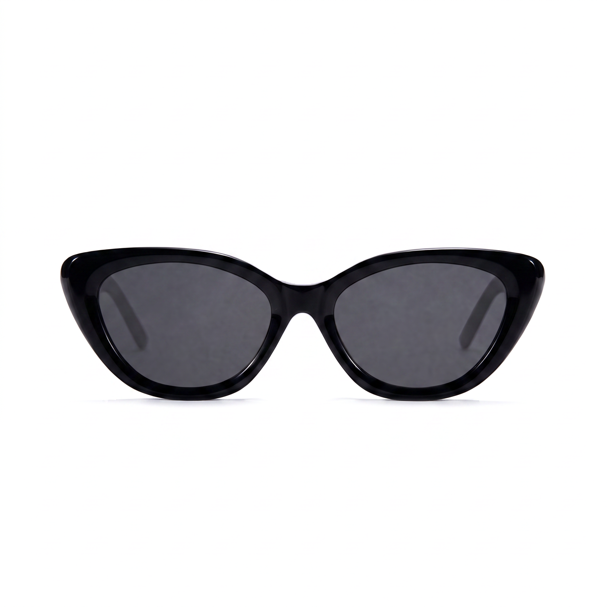 Black cat-eye sunglasses with dark gray lenses, shown from a front-facing perspective on a solid white background.