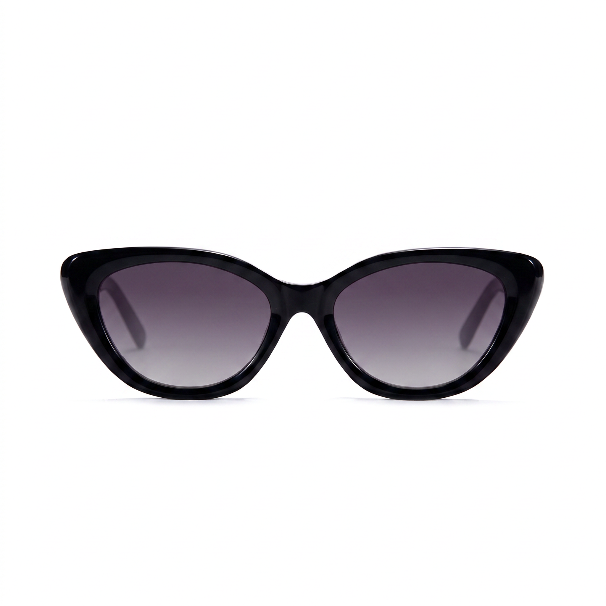 Black cat-eye sunglasses with gradient gray lenses, shown from the front on a solid white background.