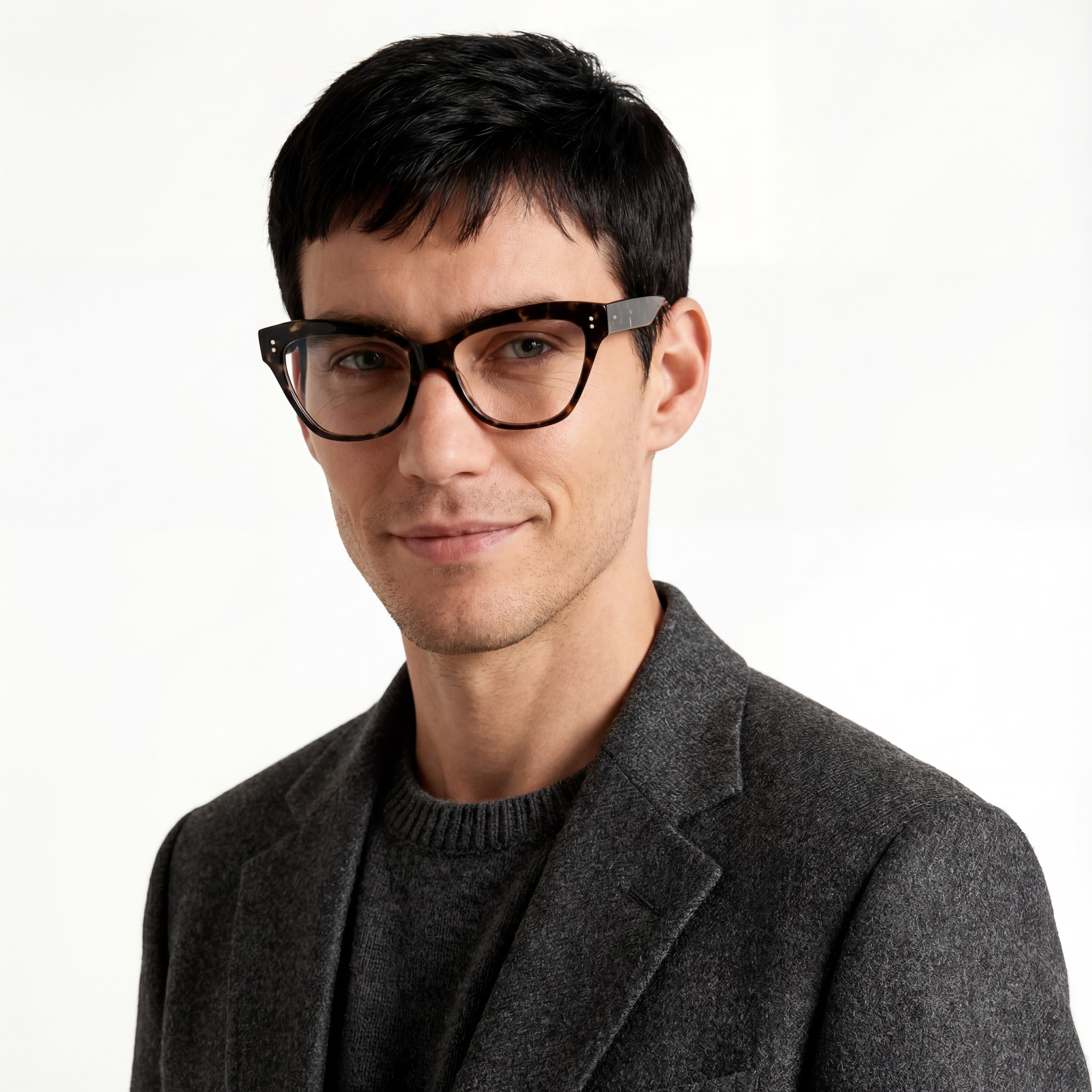 Man wearing glasses and a gray coat on a white background