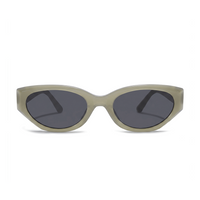 Oval sunglasses with a translucent olive green acetate frame and dark gray lenses, shown against a plain white background.