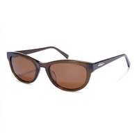 A pair of classic cat-eye sunglasses with a translucent dark brown acetate frame and warm brown lenses, shown on a clean white background.