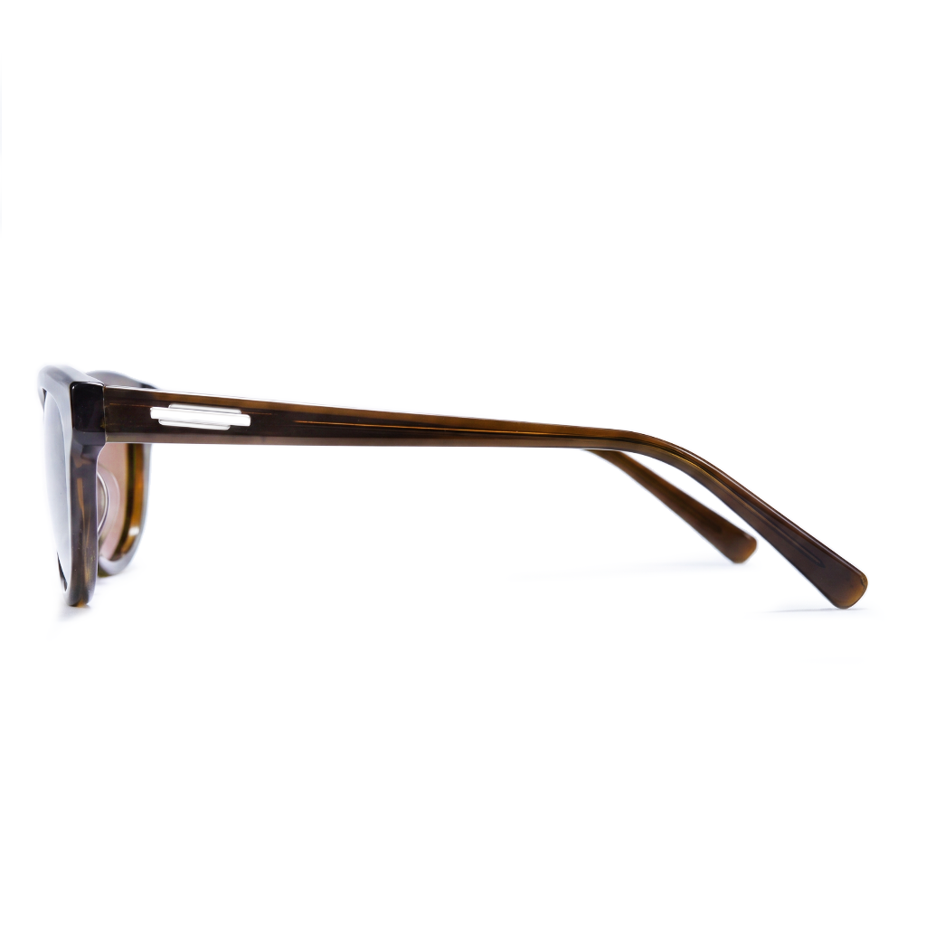 Side profile of a pair of sunglasses with a translucent dark brown acetate frame and brown lenses, shown on a solid white background.