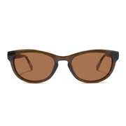 Oversized cat-eye sunglasses with translucent brown frames and warm brown lenses, shown against a plain white background.