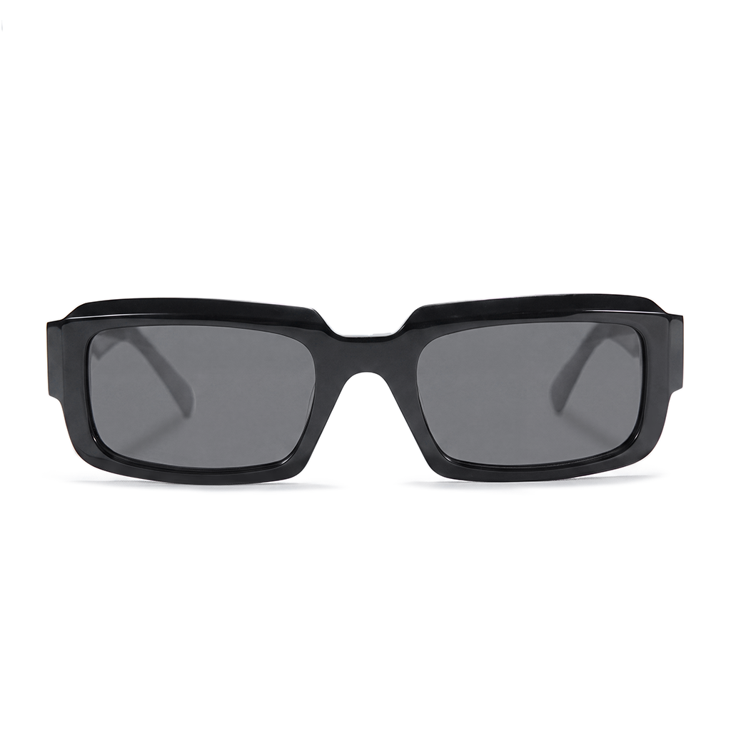 Black rectangular sunglasses with thick frames and dark gray lenses, shown from the front on a white background.