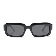 Black rectangular sunglasses with thick frames and dark gray lenses, shown from the front on a white background.