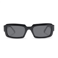 Black rectangular sunglasses with thick frames and dark gray lenses, shown from the front on a white background.