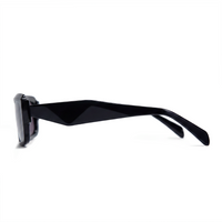 Black square sunglasses shown from a side profile view against a solid white background.